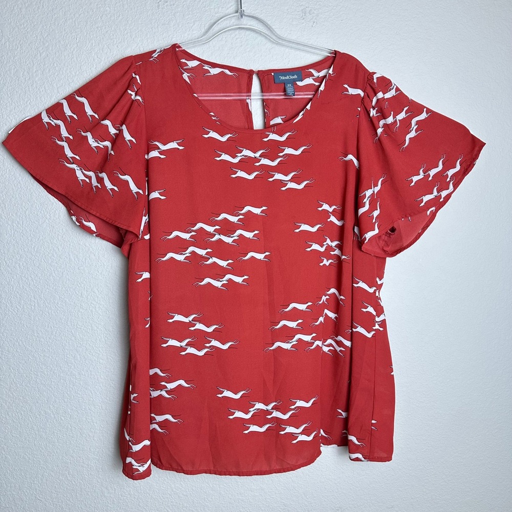 ModCloth Red Greyhound Dog Print Flutter Sleeve Blouse Top 2X